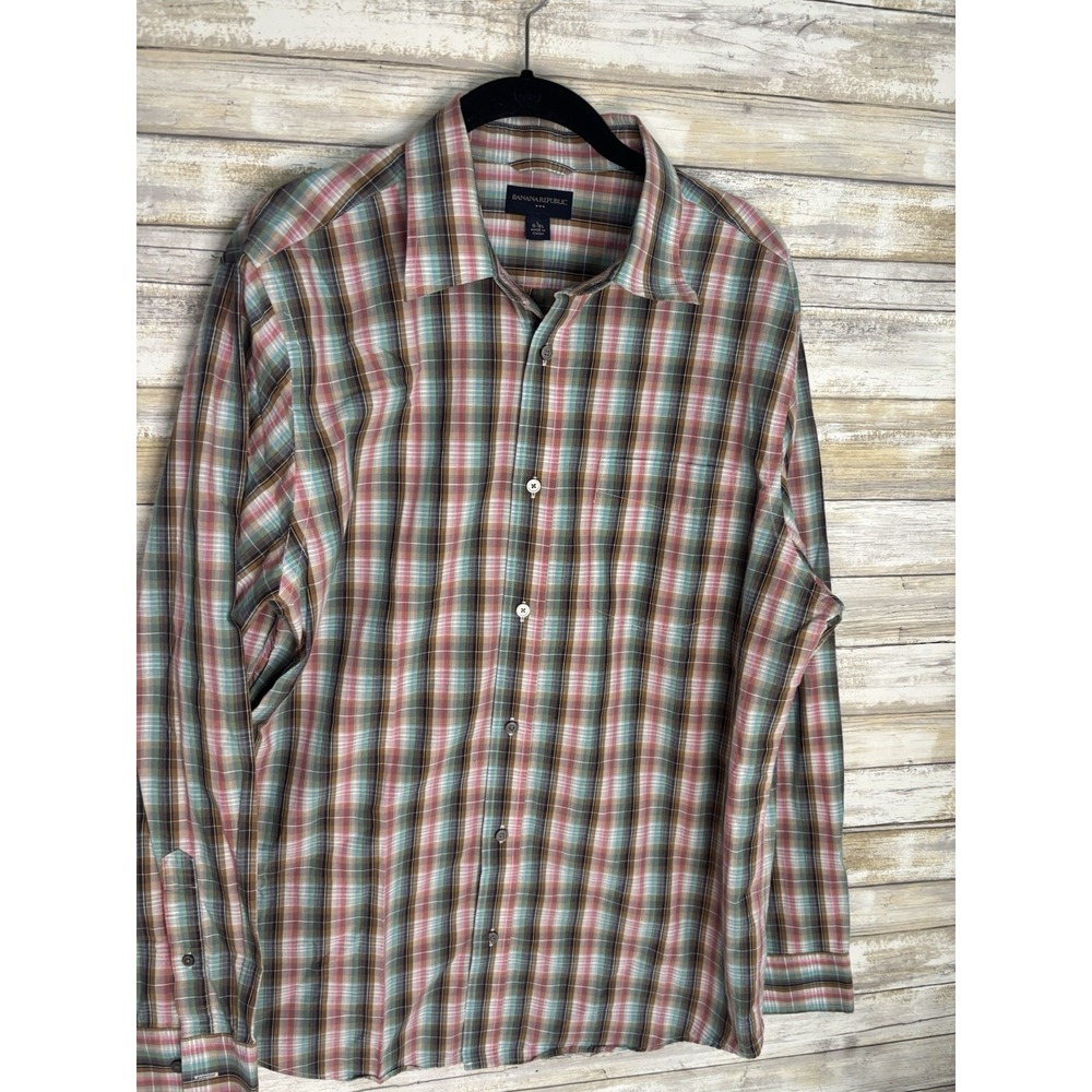 Banana‎ Republic Men's L Standard Fit Plaid Button-Up Shirt Brown Pink L/S